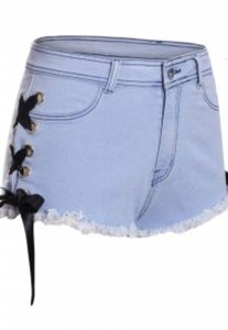 Light denim ribbon lace up sides hot shorts